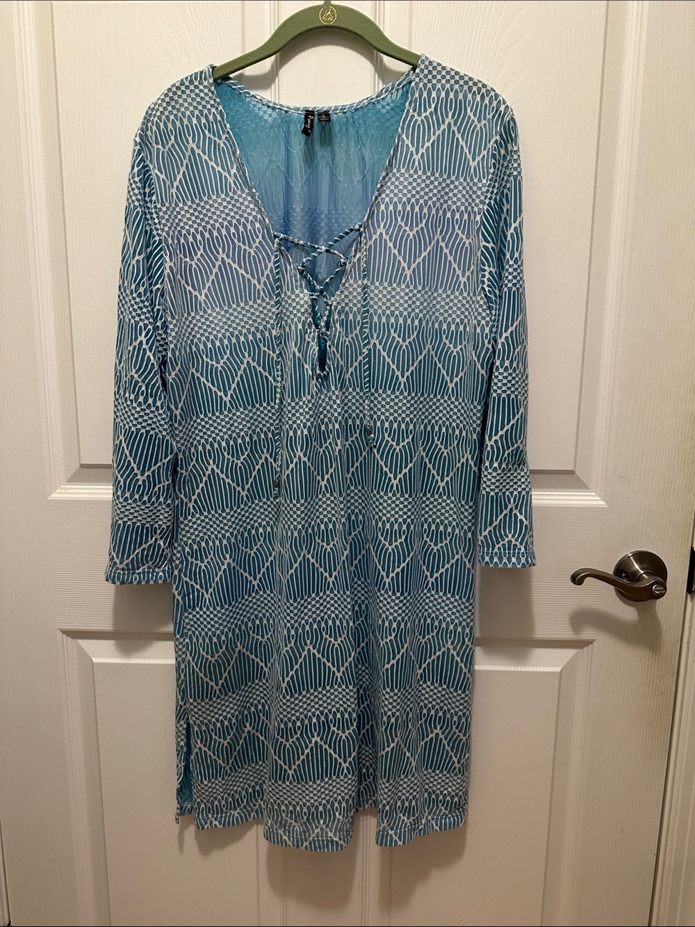 Portocruz Women’s Blue Patterned Swim Cover-Up with Lace-Up V-Neck